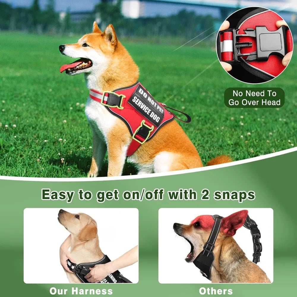 Service Dog Vest Harness and Leash Set with 10 Patches, No Pull Adjustable Reflective Dog Harness with Soft Padded Handle for Training, Fits S-XXL Dogs (Red M)