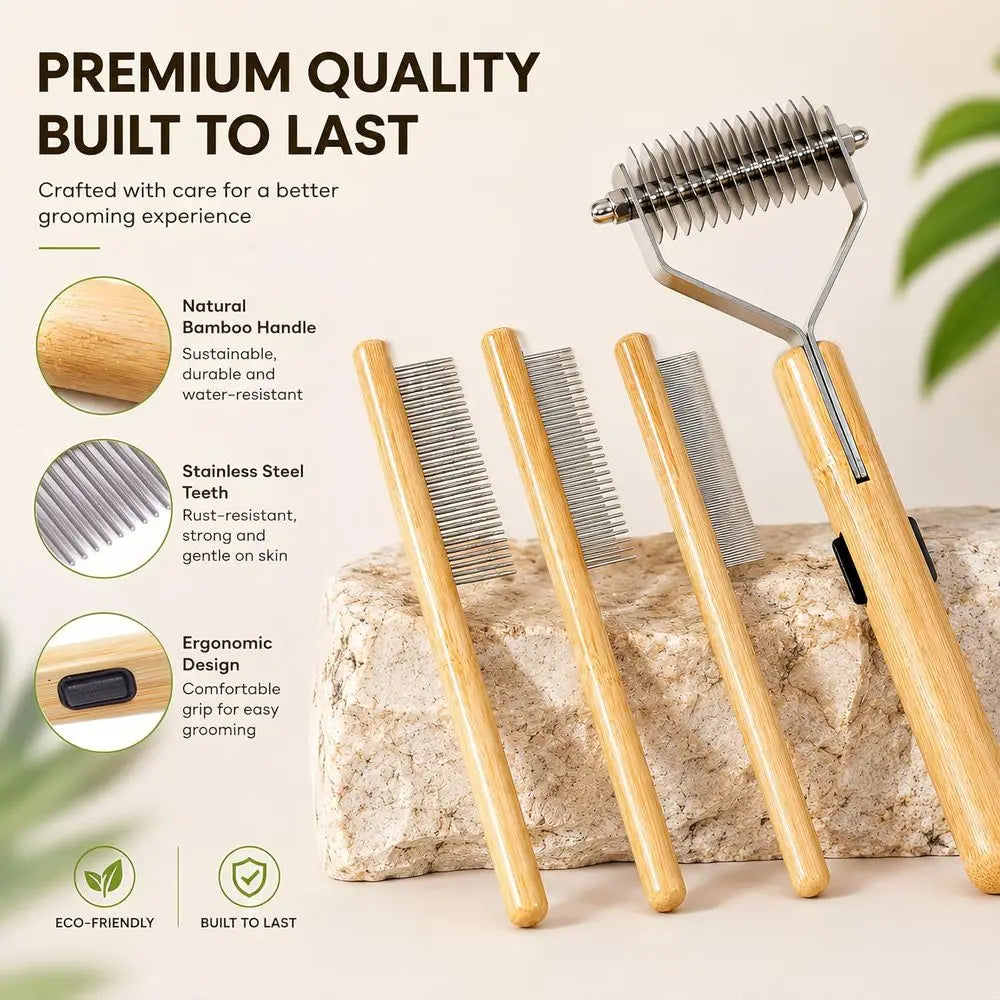 Pet Grooming Kit for Medium to Long Haired Cats & Dogs, 4-in-1 Dematting Comb Set with Undercoat Rake, Detangling & Deshedding T