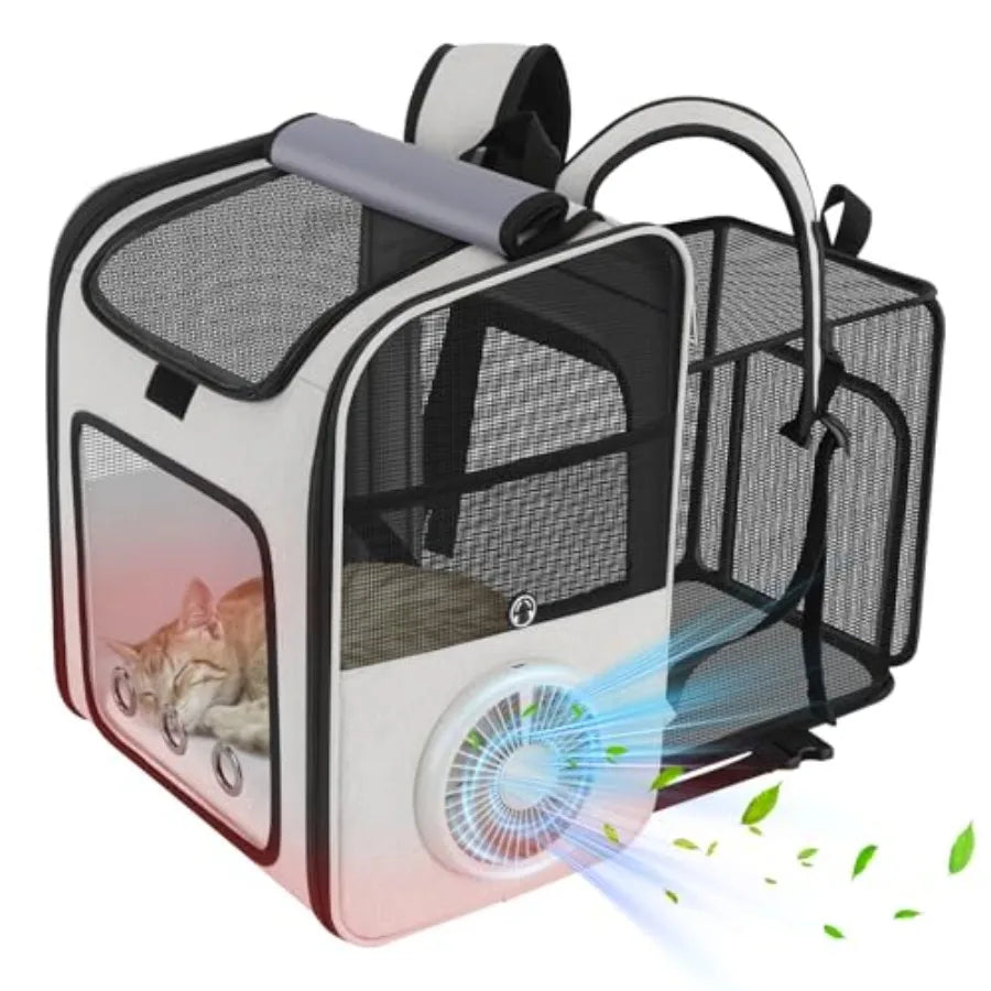 Cat Backpack Carrier with Cooling Fan Heating Pad, Expandable Breathable Pet Backpack for Cats Small Dogs, Travel Carrier for H