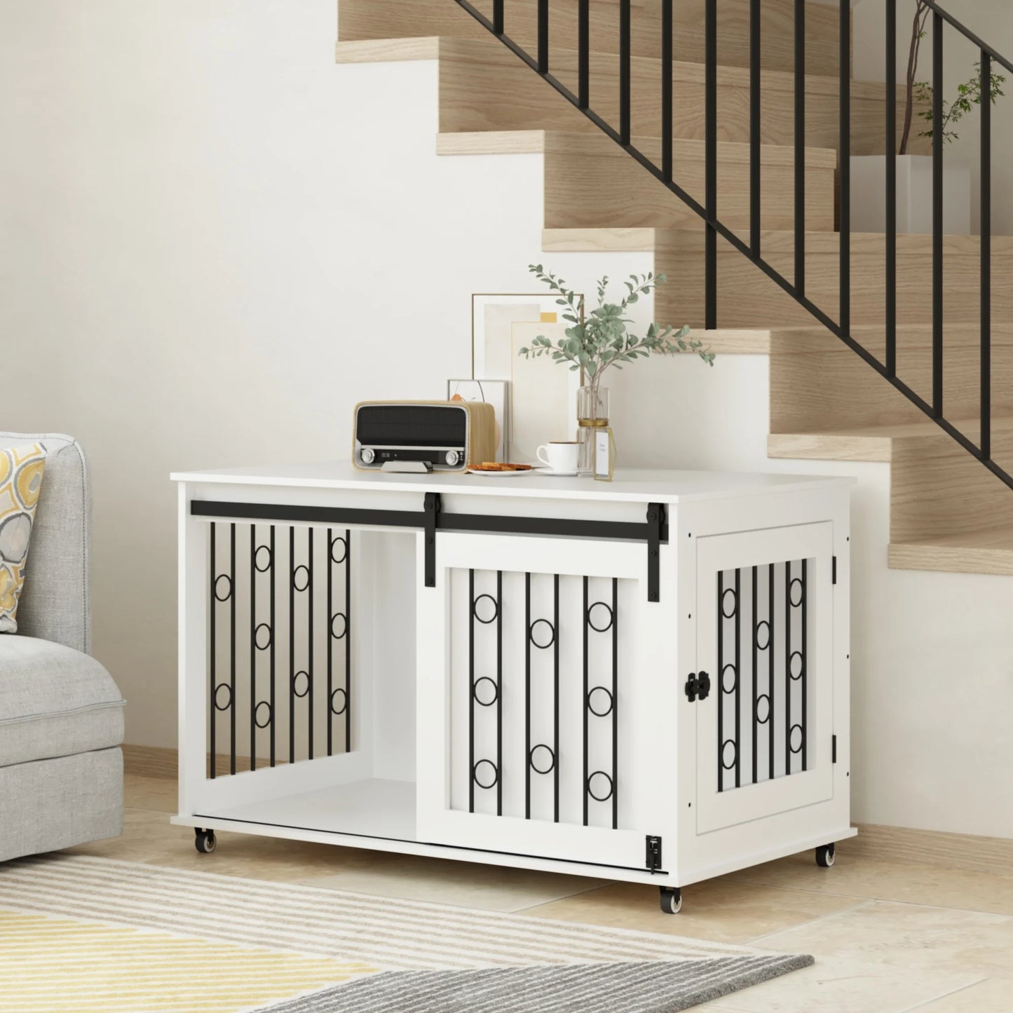 Modern Wooden Dog Crate Furniture End Table with Sliding Barn Door & Side Access, White Pet Kennel with Metal Bars & Lockable Wheels for Small Medium Dogs