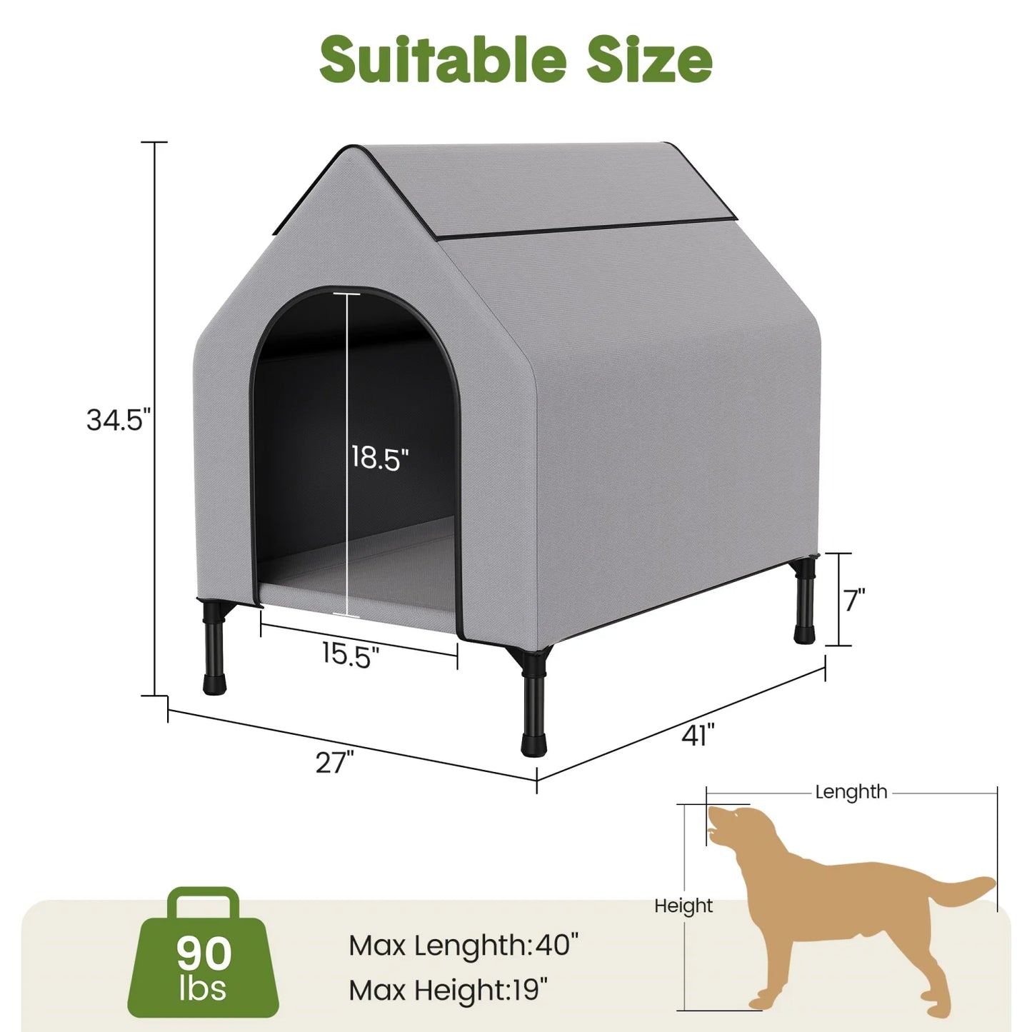 Weatherproof Elevated Dog House, 600D Oxford Breathable Outdoor Dog Tent Shelter with Mesh Bed, Sturdy Metal Frame Pet Kennel for Medium Dogs, Indoor/Outdoor Use
