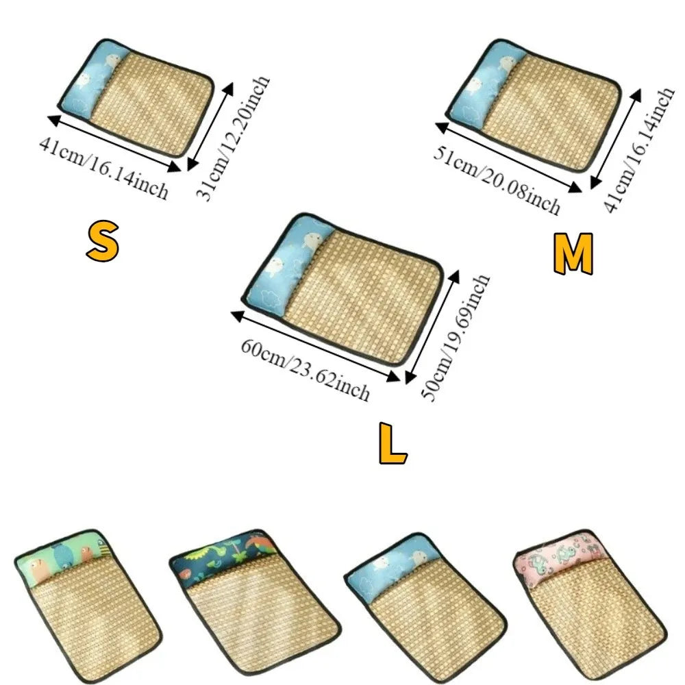 Rattan Weave Pet Cooling Mat Cartoon Pattern Anti-Slip Cat Sleeping Mat Breathable with Pillow Dog Crate Sleep Bed Car Travel