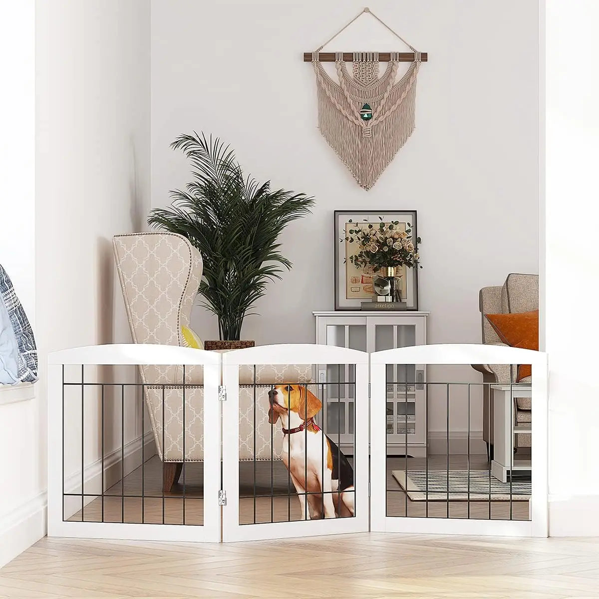 Foldable Wooden Dog Gate for Stairs, Doorways, Indoor Use, 60"W x 24"H, 3 Panels, White