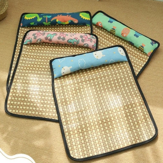Rattan Weave Pet Cooling Mat Cartoon Pattern Anti-Slip Cat Sleeping Mat Breathable with Pillow Dog Crate Sleep Bed Car Travel