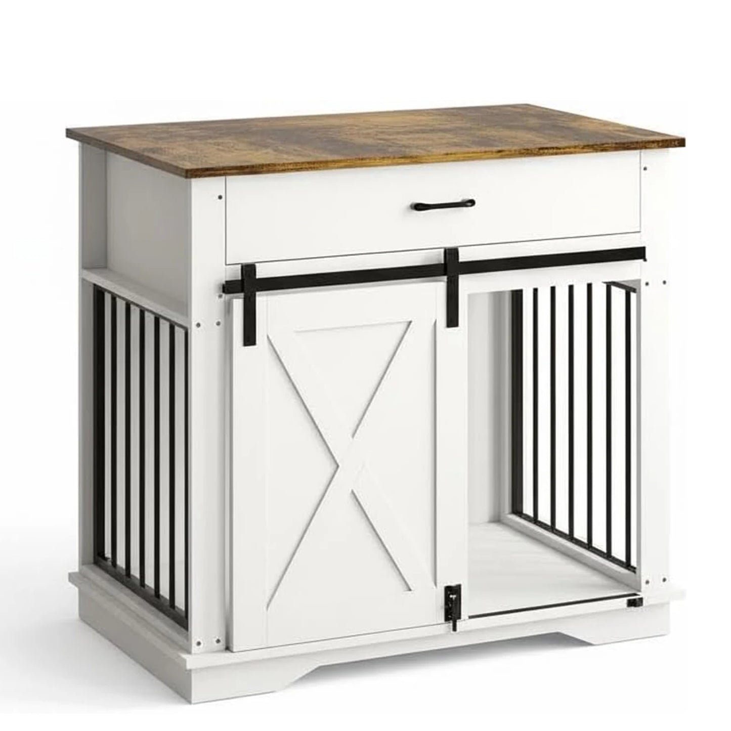 Wooden Dog Kennel with Double Doors, Sliding Barn Door and Storage Drawer, Pet Cage House End Table, Buffet Cabinet & Side Table