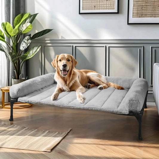Elevated Orthopedic Dog Bed with Fluffy Bolster, Large Pet Sofa Cot, Removable Washable Mat, Non-Slip Feet, Grey