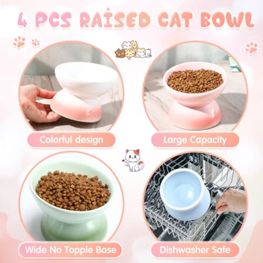 4 Pcs Ceramic Raised Cat Food Bowls Elevated Tilted Dish Anti Vomiting Food or Water Bowls Pet Supplies