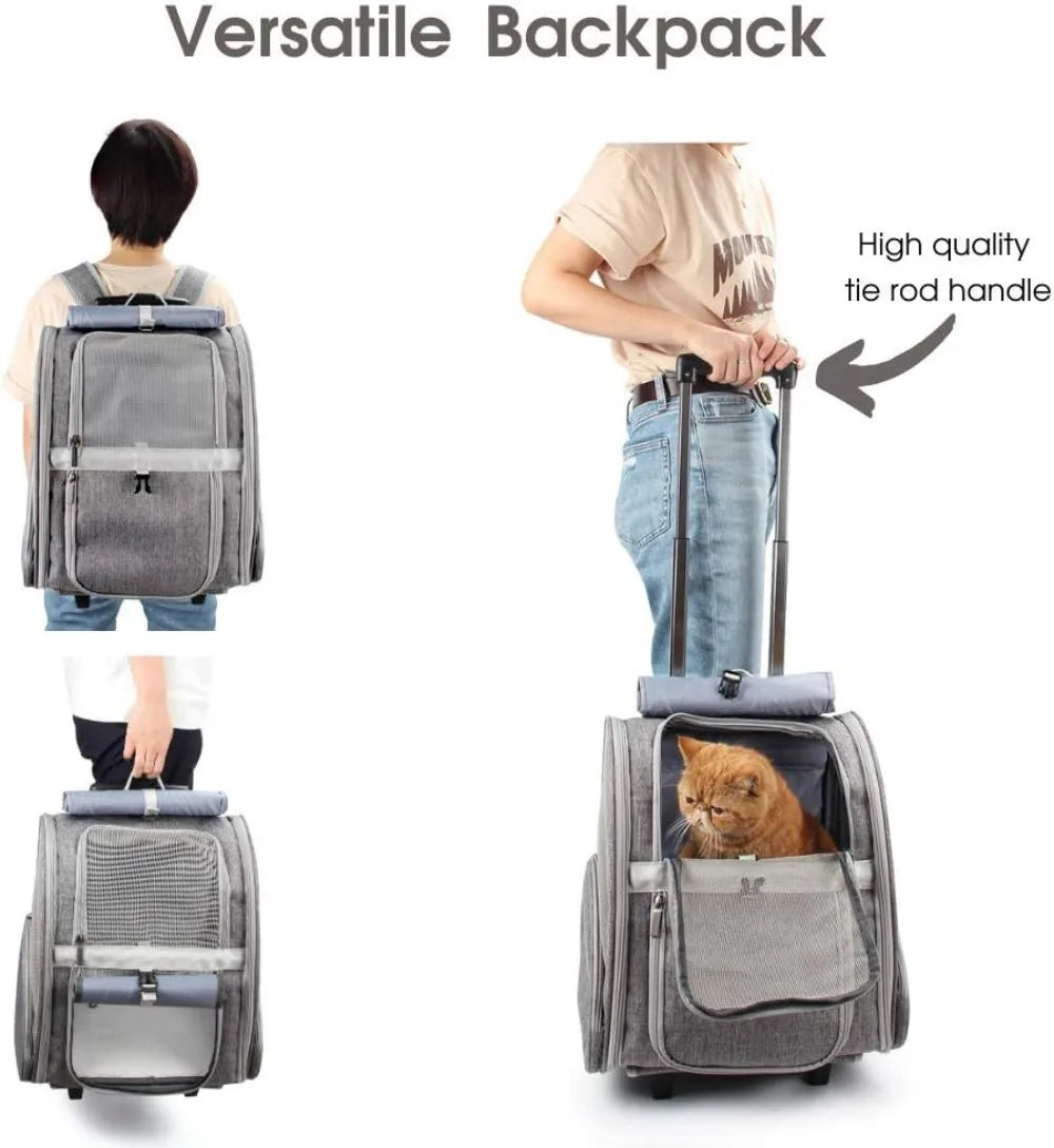 Pet Rolling Carrier, Dog Backpack with Wheels, Travel Bag for Cats and Puppies, Trolley (Grey)