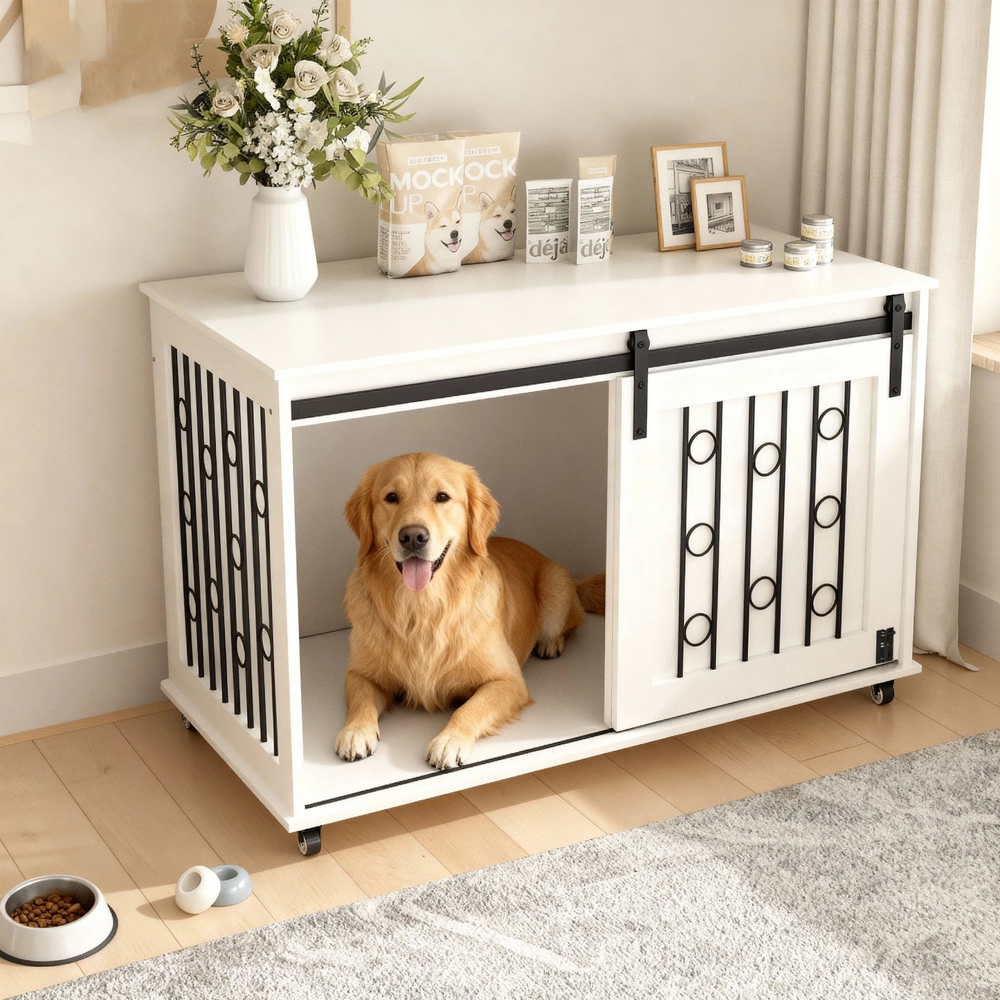 Modern Wooden Dog Crate Furniture End Table with Sliding Barn Door & Side Access, White Pet Kennel with Metal Bars & Lockable Wheels for Small Medium Dogs