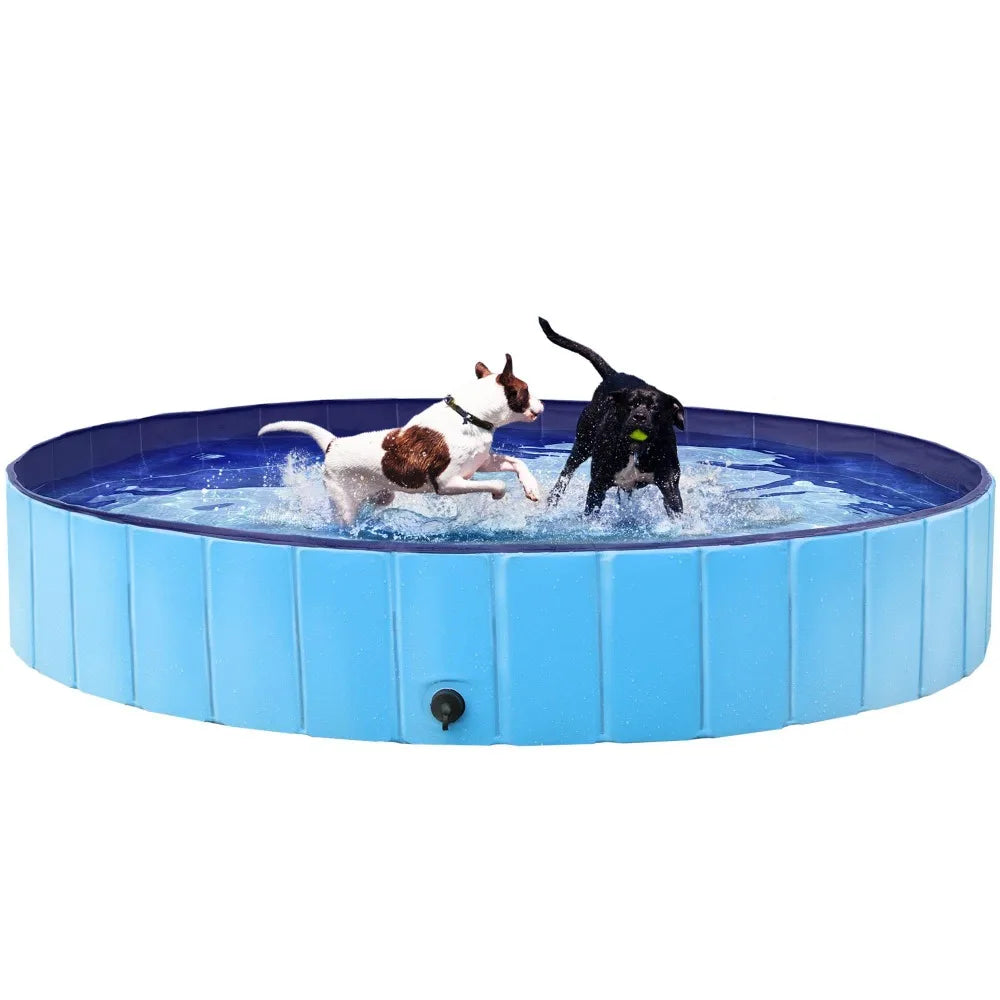 Yah 63"x12" Large Foldable Dog Pool – Collapsible Hard Plastic Pet Bath Tub, Scratch-Resistant – for Small to Large Dogs, Blue