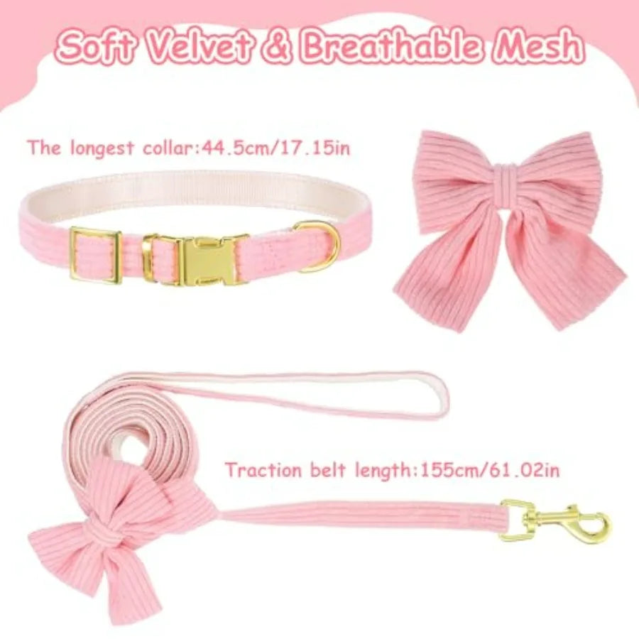 2pcs Dog Collar and Leash Set with Bowtie Cute Small Dog Collar Harness Leash Set Adjustable Breathable Soft Padded for Small M