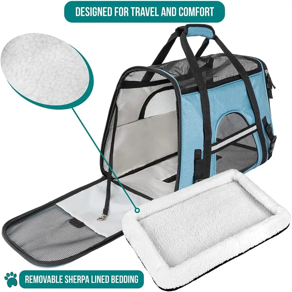 Airline Approved Pet Carrier for Cats, Soft Sided Dog Carrier for Small Dogs, Ventilated Travel Bag with Sherpa Bed, Large Blue