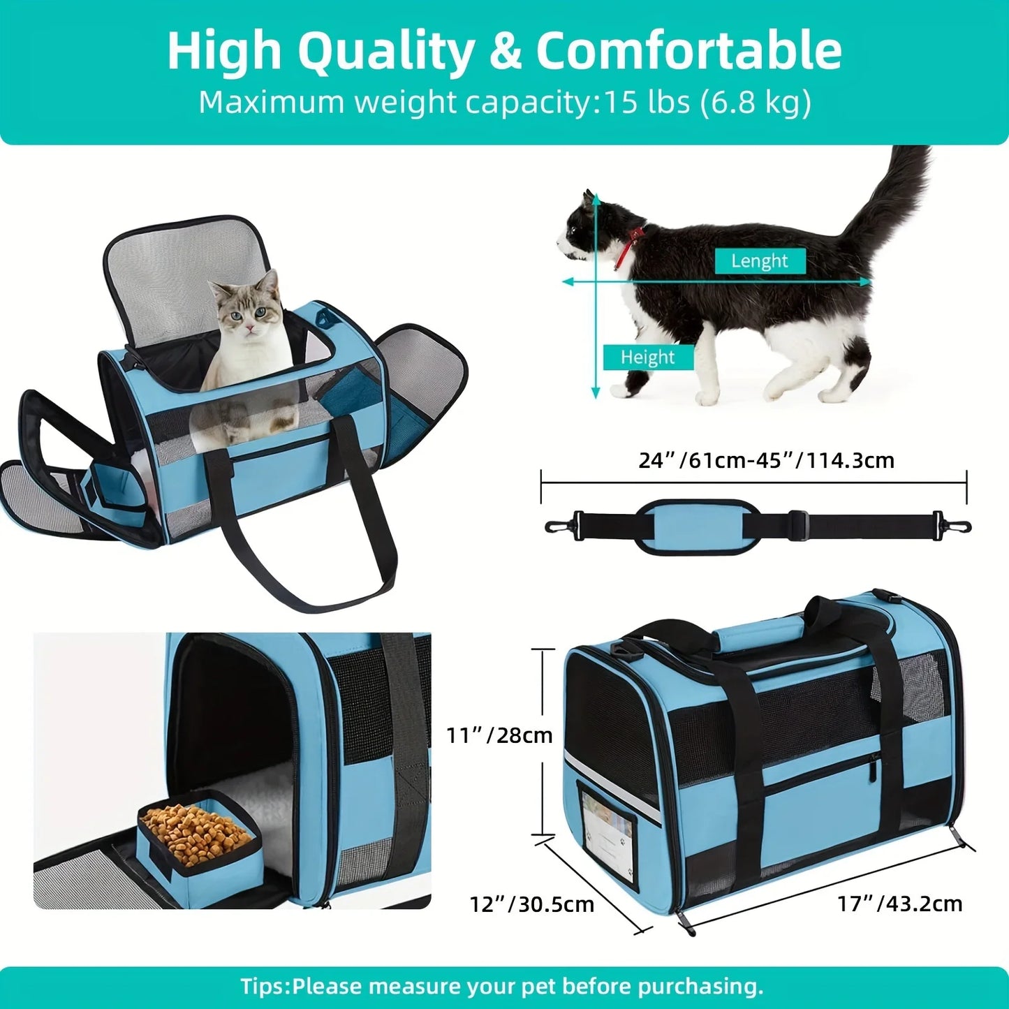 TSA Airline Approved Collapsible Soft-Sided Cat & Dog Carrier - Cozy Fleece Pet Travel Bag with Foldable Bowl, Mesh Ventilation Windows, Safety Zippers, Shoulder/Carry Strap & ID Holder - Carrier for Small/Medium Puppies & Ca